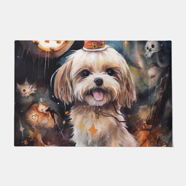 Tapete Lhasa Apso de Halloween com Abóboras Assustadoras  (Frente)