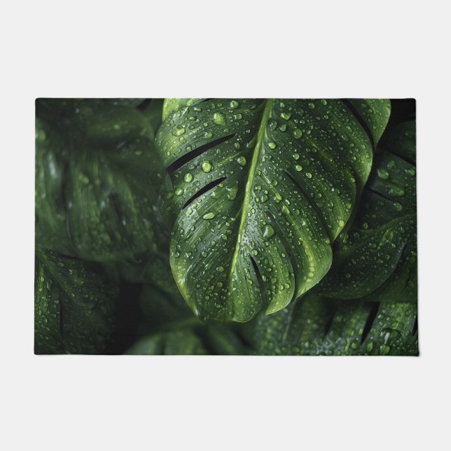 Tapete Lush Monstera Leaves with Morning Dew Drops (Frente)