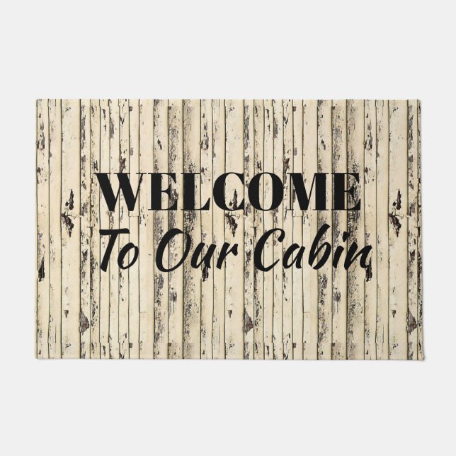 Tapete madeira lavada em branco bem-vinda à nossa cabine (Frente)