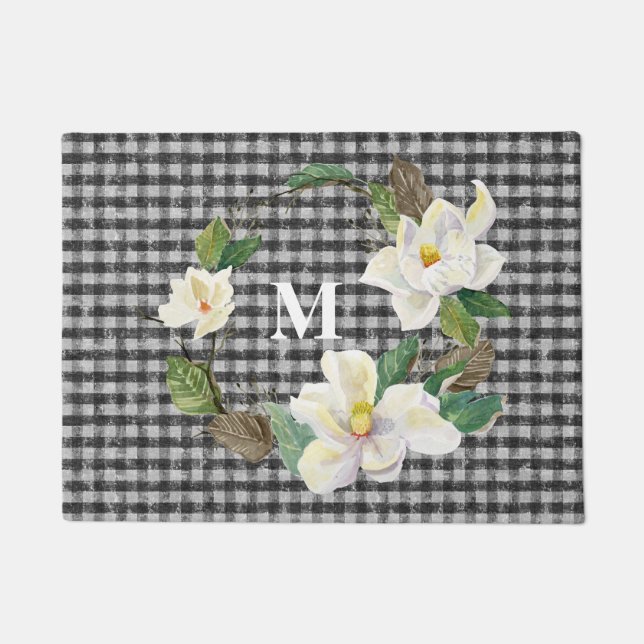 Tapete Magnólia Floral Monogramas Verificação em Preto e  (Frente)