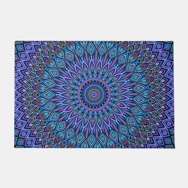 Tapete Mandala Boho Blue Teal Purple Peacock Dourado Vibr (Frente)