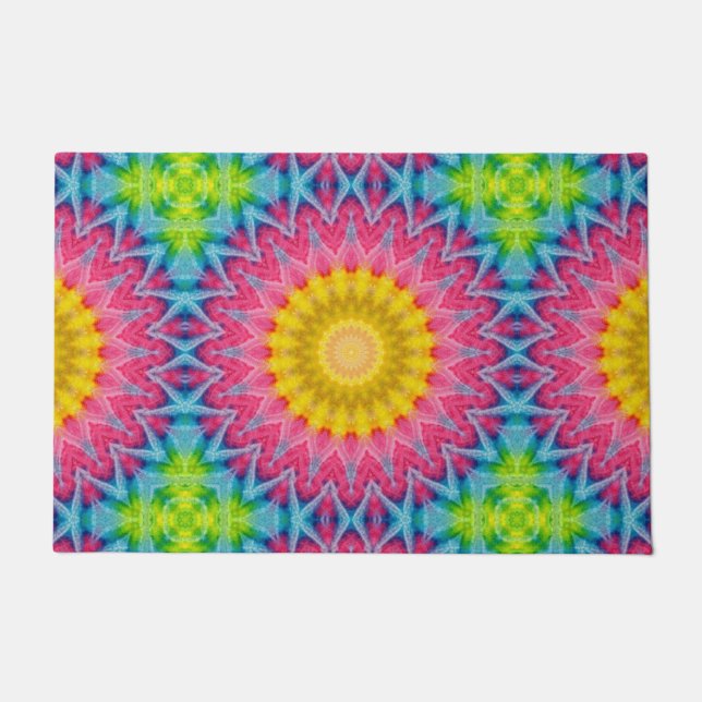 Tapete Mandalá Tie-Dye Arco-íris com Simetria Vibrante (Frente)