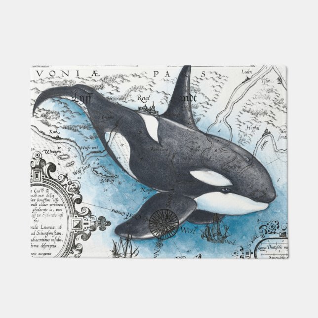 Tapete Mapa náutico de Cor Azul de Baleia Orca (Frente)