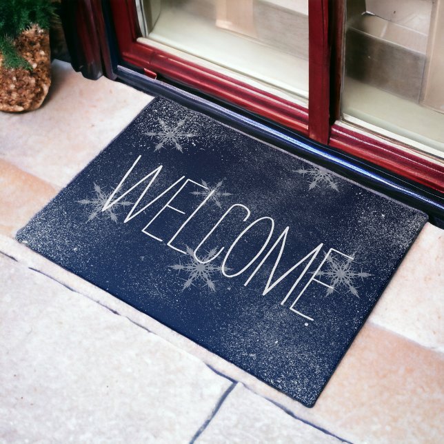 Tapete Marinho azul de neve com floco de neve de inverno (Winter snowflake snow navy blue Christmas Doormat)