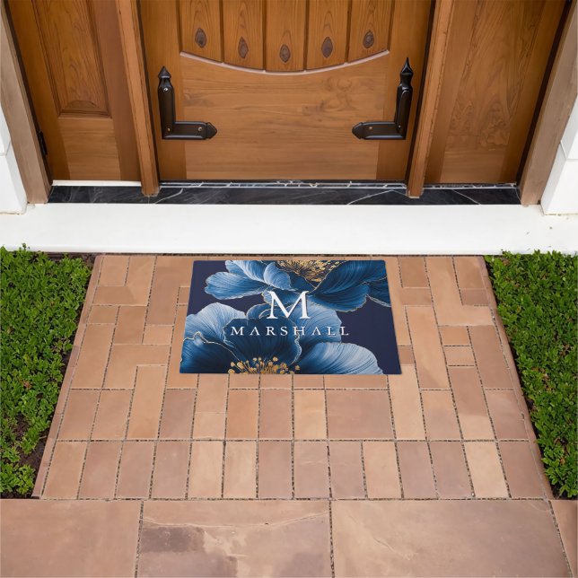 Tapete Marinho Azul Dourado Elegante Monograma Floral Nom (Ar livre)