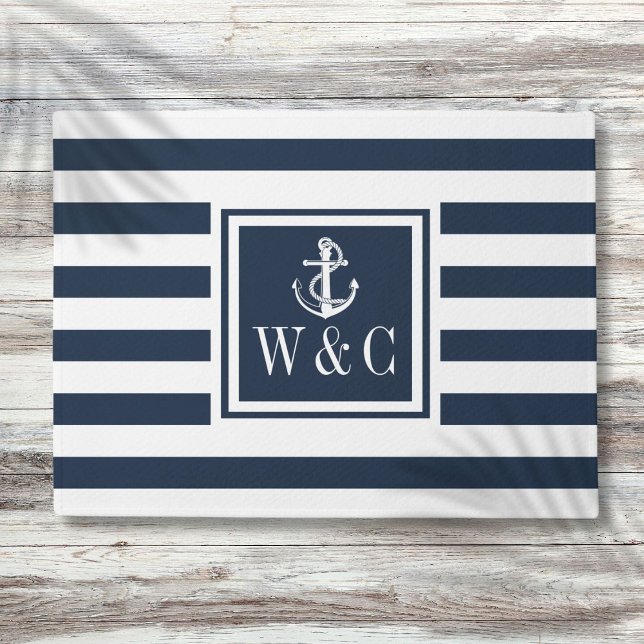 Tapete Marinho de Âncora Náutica, , cruz azul (Nautical Anchor Monogram Navy Blue Stripe Doormat)