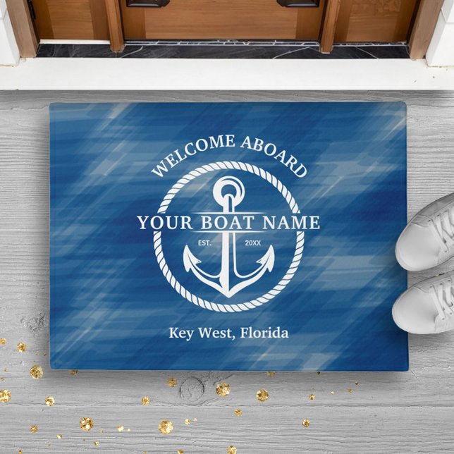 Tapete Marinho Náutico Azul, Boas-vindas a bordo Anchor d (Nautical Navy Blue Welcome Aboard Boat Name Anchor Doormat)