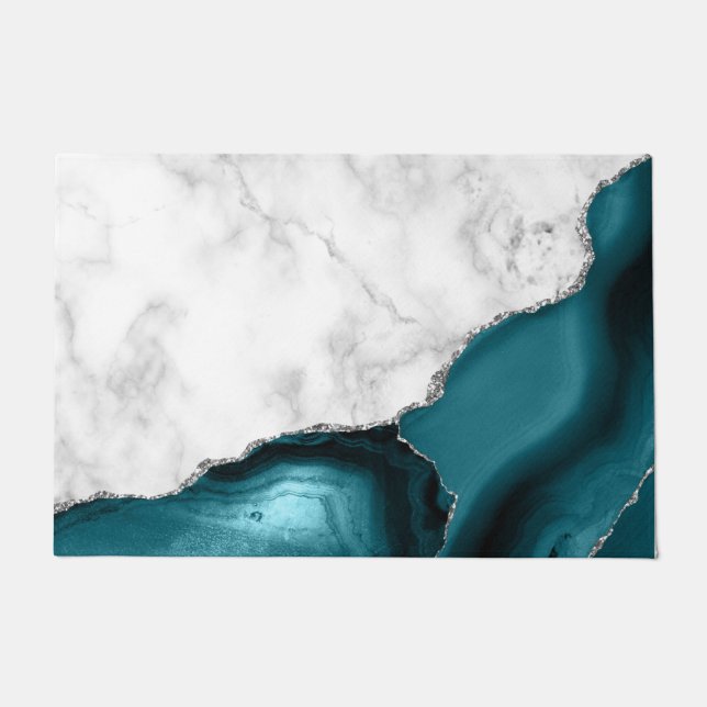 Tapete Mármore Branco Brilho Prateado Ágata Azul Turquesa (Frente)