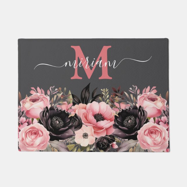 Tapete Matriz do chão da cozinha de luxo: Flores rosa e P (Frente)