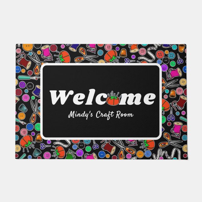 Tapete Medir duas vezes o material de costura a preto (Frente)