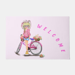 Tapete Menina Blona, bonita de bicicleta rosa - bem-vinda