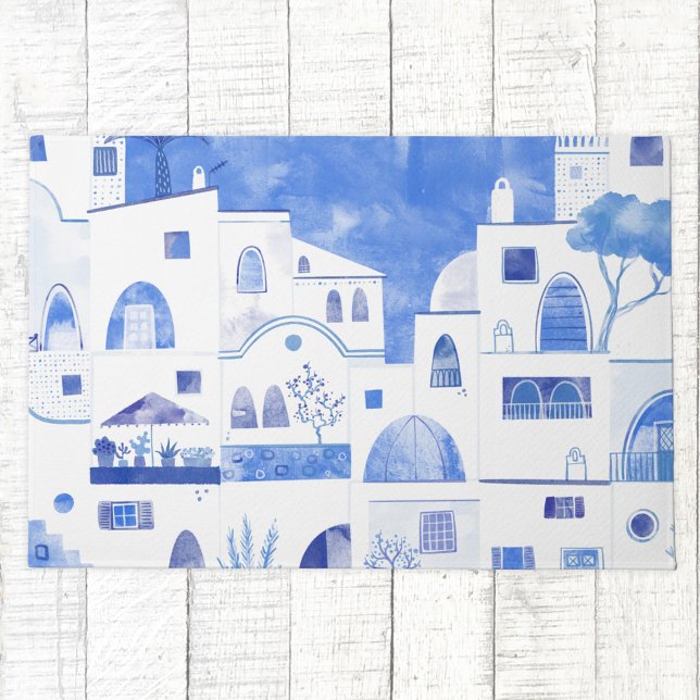 Tapete Modern Watercolor Santorini Ilha Grega (Santorini Greece blue and white watercolor art doormat)