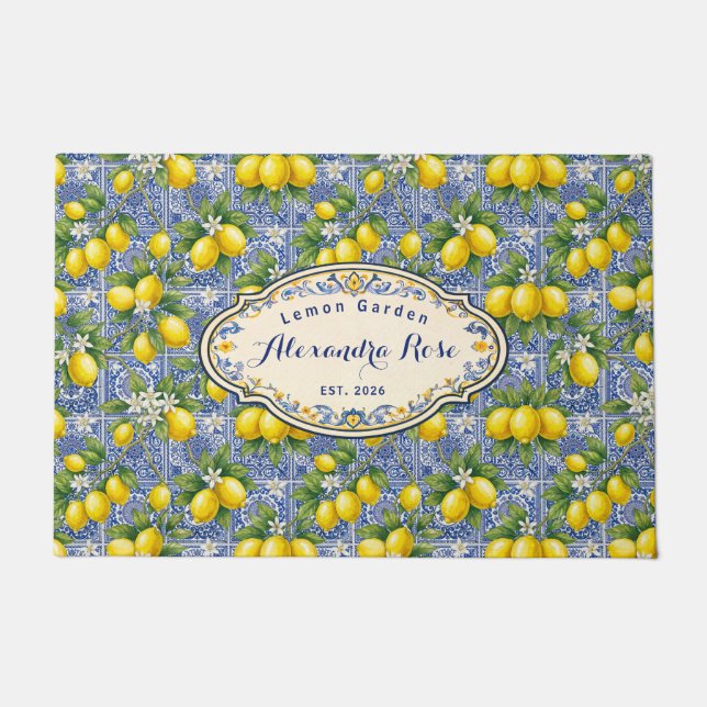 Tapete Monogram Name Lemon Blue French Country Tile  (Frente)