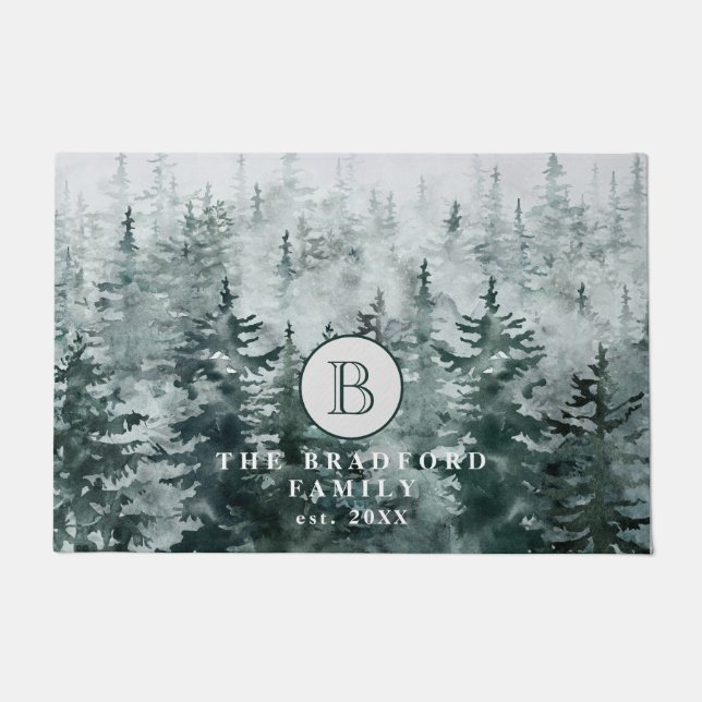 Tapete Monograma da Família da Floresta Verde de inverno  (Frente)