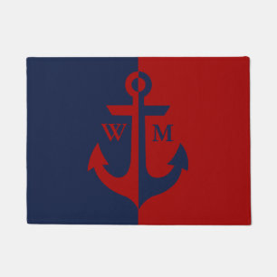 Tapete Monograma de Âncora Marinho Azul e Vermelha
