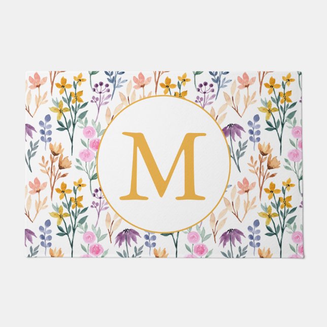 Tapete Monograma de Padrão de Aquarela de Flor Primavera  (Frente)