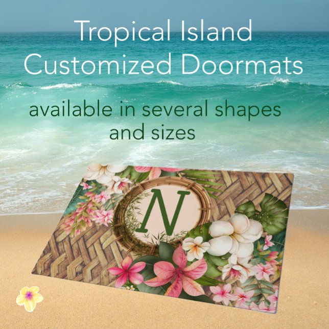 Tapete Monograma de praia tropical personalizado (Welcome friends with this monogrammed tropical island faux rattan exotic flowers doormat!)