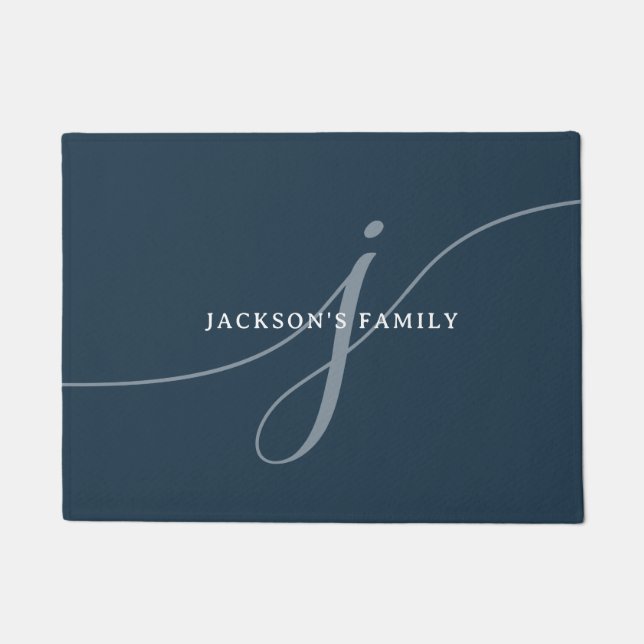 Tapete Monograma de Script Branco Azul-Marinho Simples El (Frente)