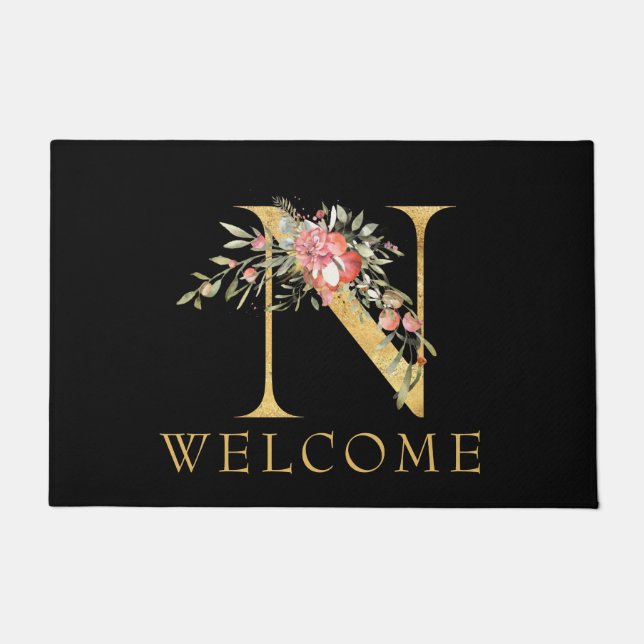 Tapete Monograma Dourado clássico N com porta cor-de-rosa (Frente)