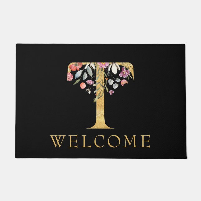 Tapete Monograma Dourado clássico T com porta cor-de-rosa (Frente)