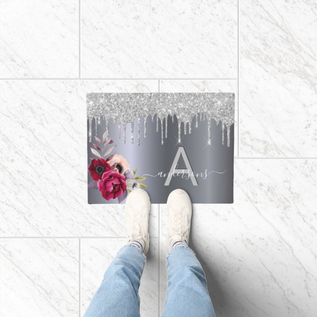 Tapete Monograma floral de burgundy prateado bem-vindo (Interior)