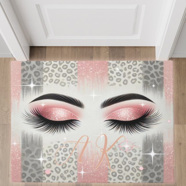 Tapete Monograma - Glascas (Glam pink glitter lashes doormat — personalized bachelorette gift for bride or beauty lover)