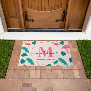Tapete Monograma Moderno Folhas Tropicais Flamingo Rosa Q