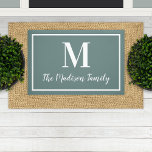 Tapete Monograma Personalizado Verde da Cinza Elegante In<br><div class="desc">Mais adiante a entrada de sua casa com esta elegante porta monográfica personalizada em cores azul-cinza / verde e branca. Nota,  as cores podem ser modificadas. Personalize com o sobrenome da sua família no script e um monograma do estilo serif. Design inclui uma simples borda enquadrada.</div>