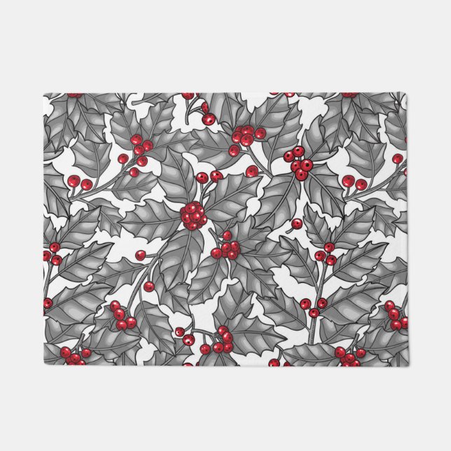Tapete Morango Holly, folhas de cinza em branco (Frente)