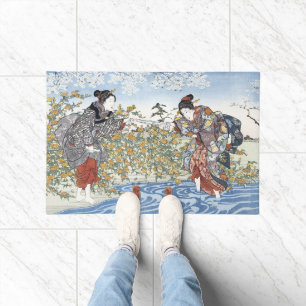 Tapete Mulheres do Período Edo Ukiyo-e Rio Azul Flores Am