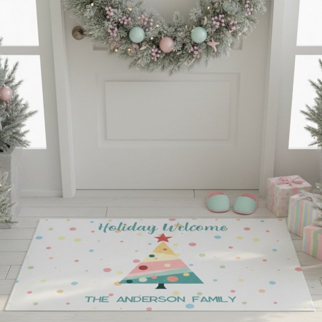 Tapete Natal da Bolinhas do Pastel Whimsical (Personalilzed Pastel color polka dot Christmas tree door mat)