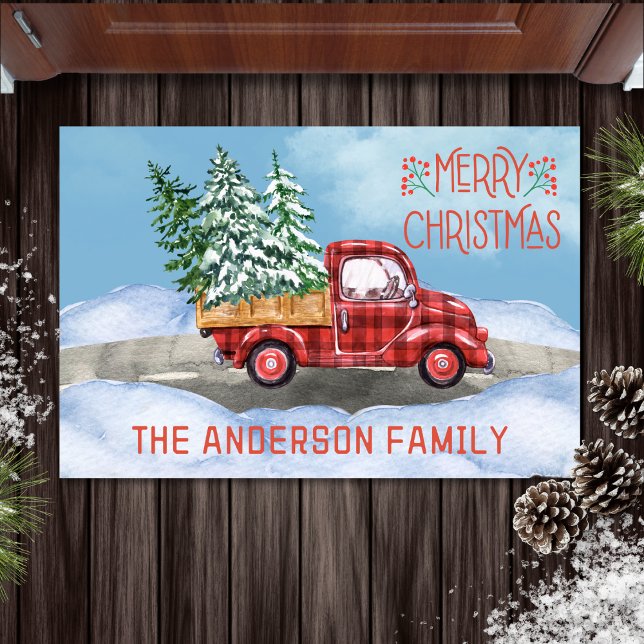 Tapete Natal da Família de Neve Vermelha da Xadrez de Aqu (watercolor merry Christmas doormat with buffalo plaid red truck carrying Christmas trees)