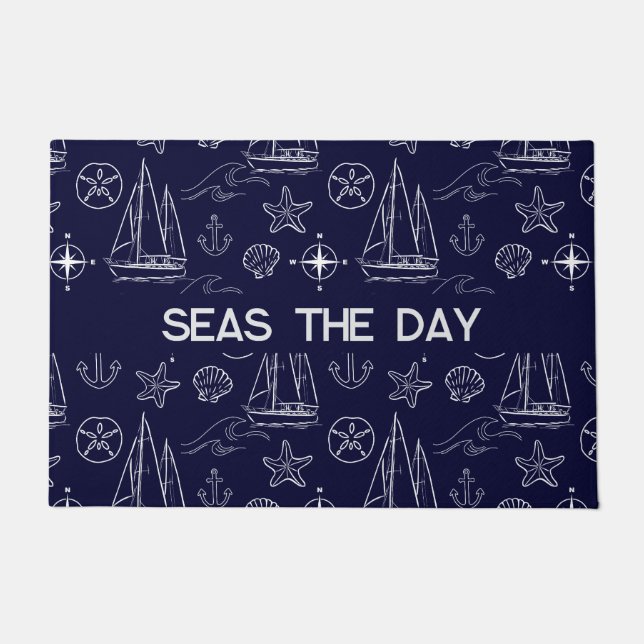 Tapete Nautical Navy Blue Sailboat Pattern (Frente)