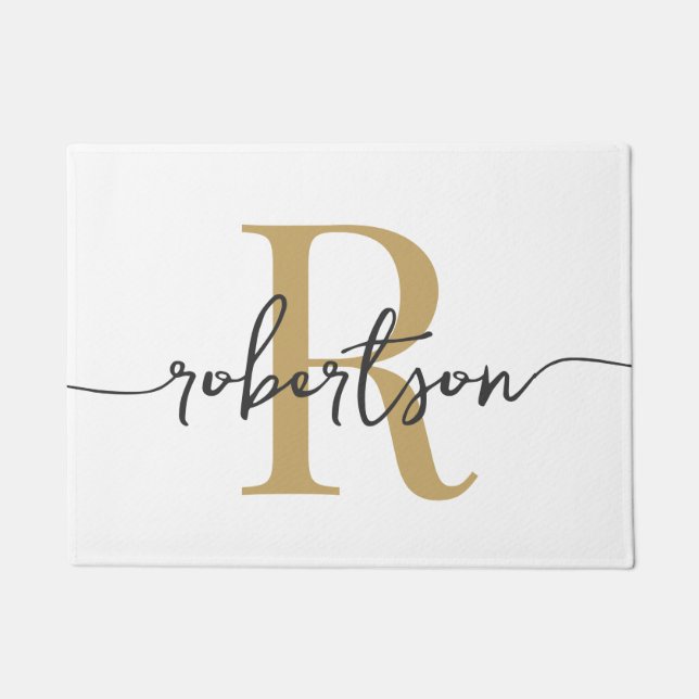 Tapete Nome da Família com Monograma Moderno em Branco e  (Frente)