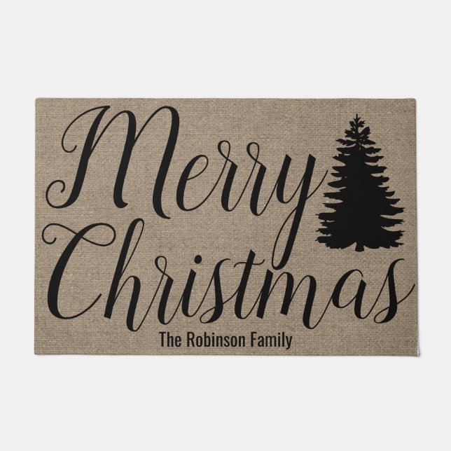 Tapete Nome da Família Faux Burlap, Script de Feliz Natal (Frente)
