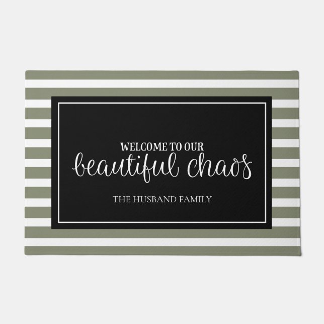 Tapete Nome da Família Personalizada Verde e Branco Bem-v (Frente)