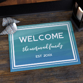 Tapete Nome da família Teal Watercolor Waves Welcome Door
