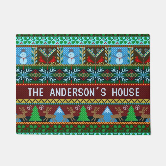 Tapete Nome de família feito malha dos bonecos de neve | (Frente)
