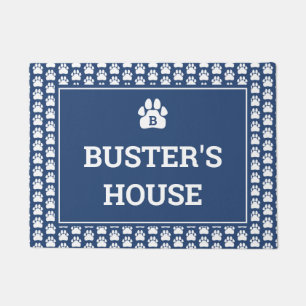 Tapete Nome do Cão de Impressão da Pata Branca Azul