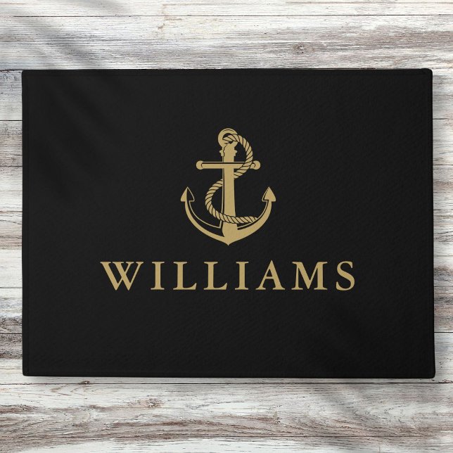 Tapete Nome Personalizado Âncora Náutica Preto E Dourado (Personalized Name Nautical Anchor Black And Gold Doormat)