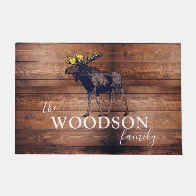 Tapete Nome Rustic Wood Family Name Walking Moose (Frente)