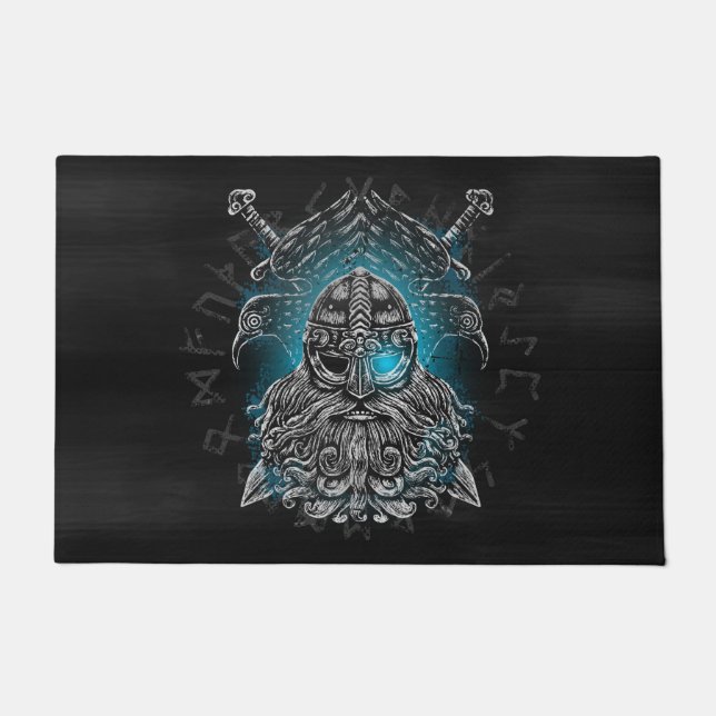 Tapete Odin com corvos e espadas Mitologia Viking azul (Frente)