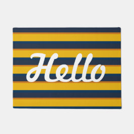 Tapete Olá! amarelo e esteira de porta da listra azul