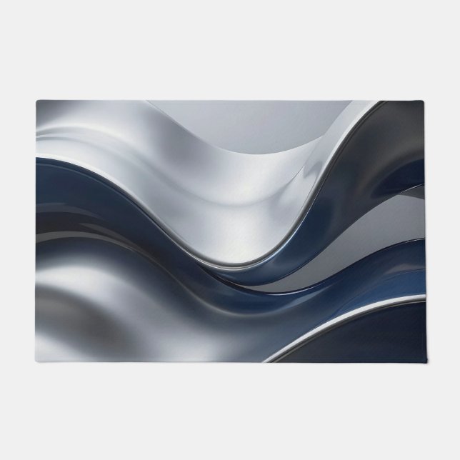 Tapete Ondas Fluidas Prateadas e Azuis-Marinho Abstratas  (Frente)