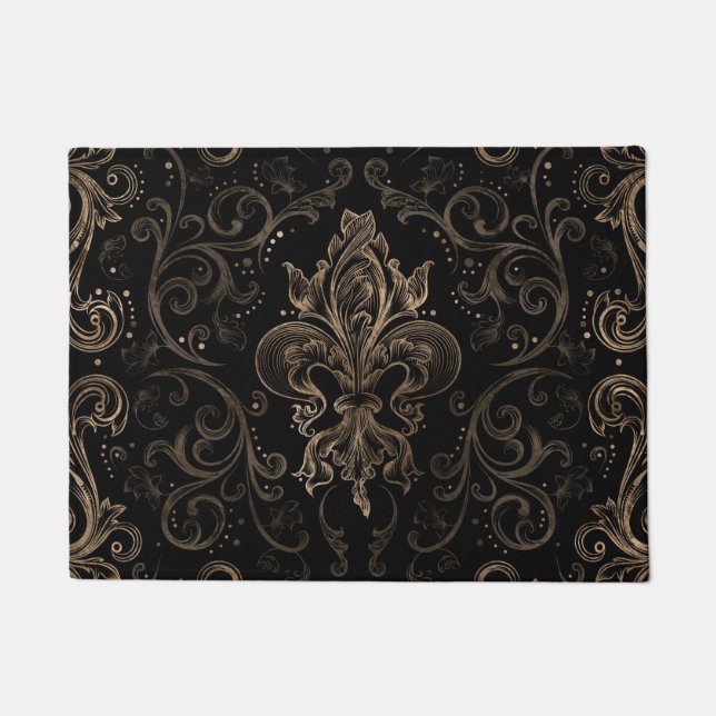 Tapete Ornamento Fleur-de-lis Preto e Dourado (Frente)