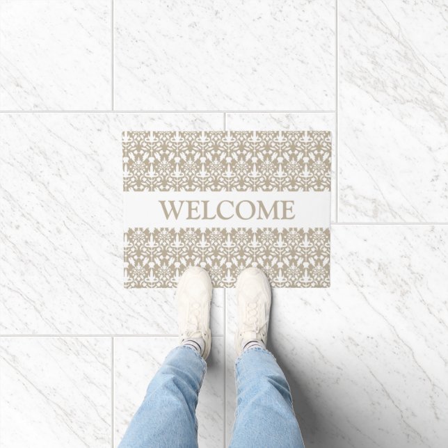 Tapete Padrão de damasco bege e branco com texto de boas- (Interior)