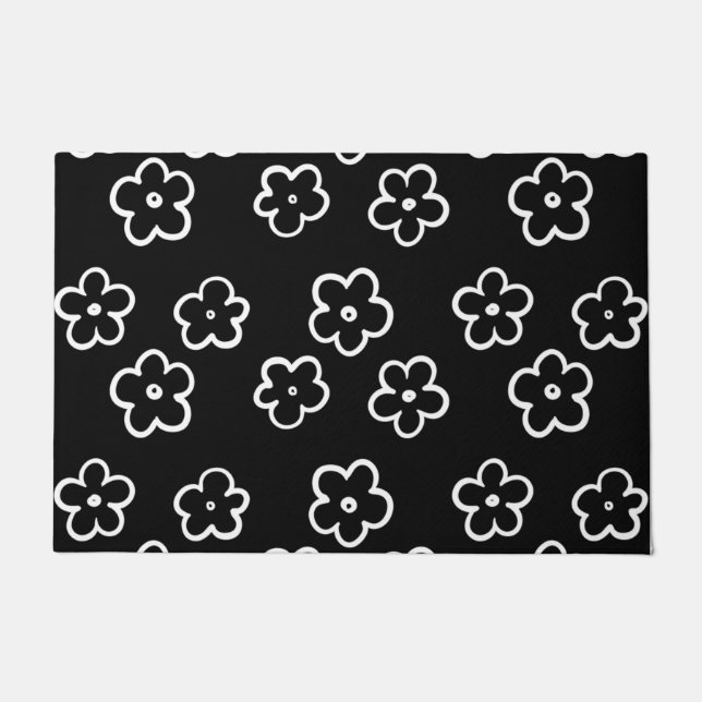 Tapete Padrão de Flor Preto e Branco (Frente)