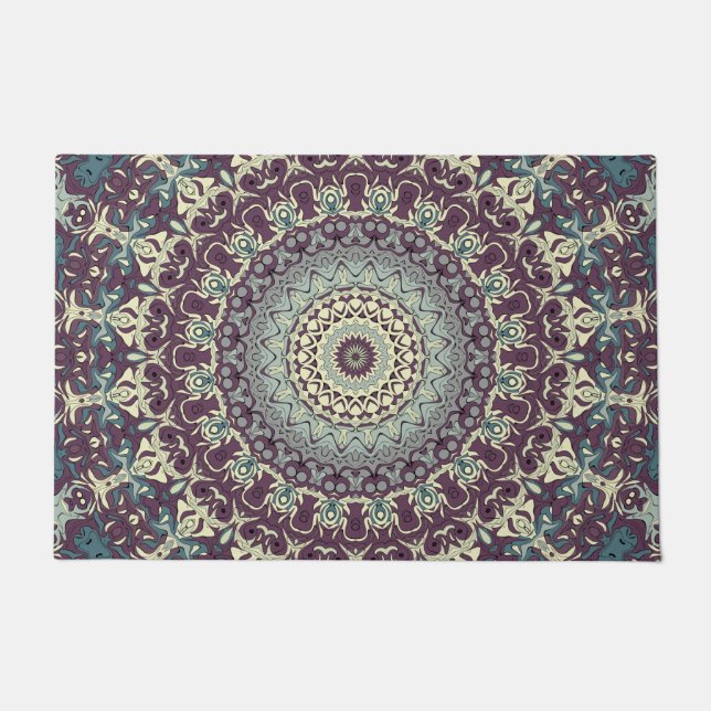Tapete Padrão de Mandala em Roxo, Turquesa e Creme (Frente)