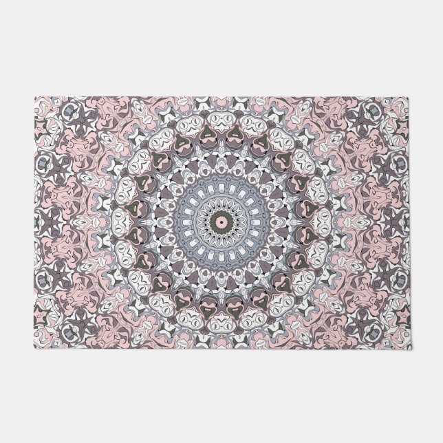Tapete Padrão de Mandala Rosa Cinza e Branco (Frente)