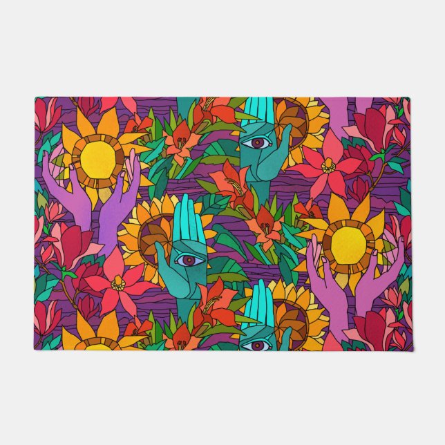 Tapete Padrão divertido com flores e mãos (Frente)